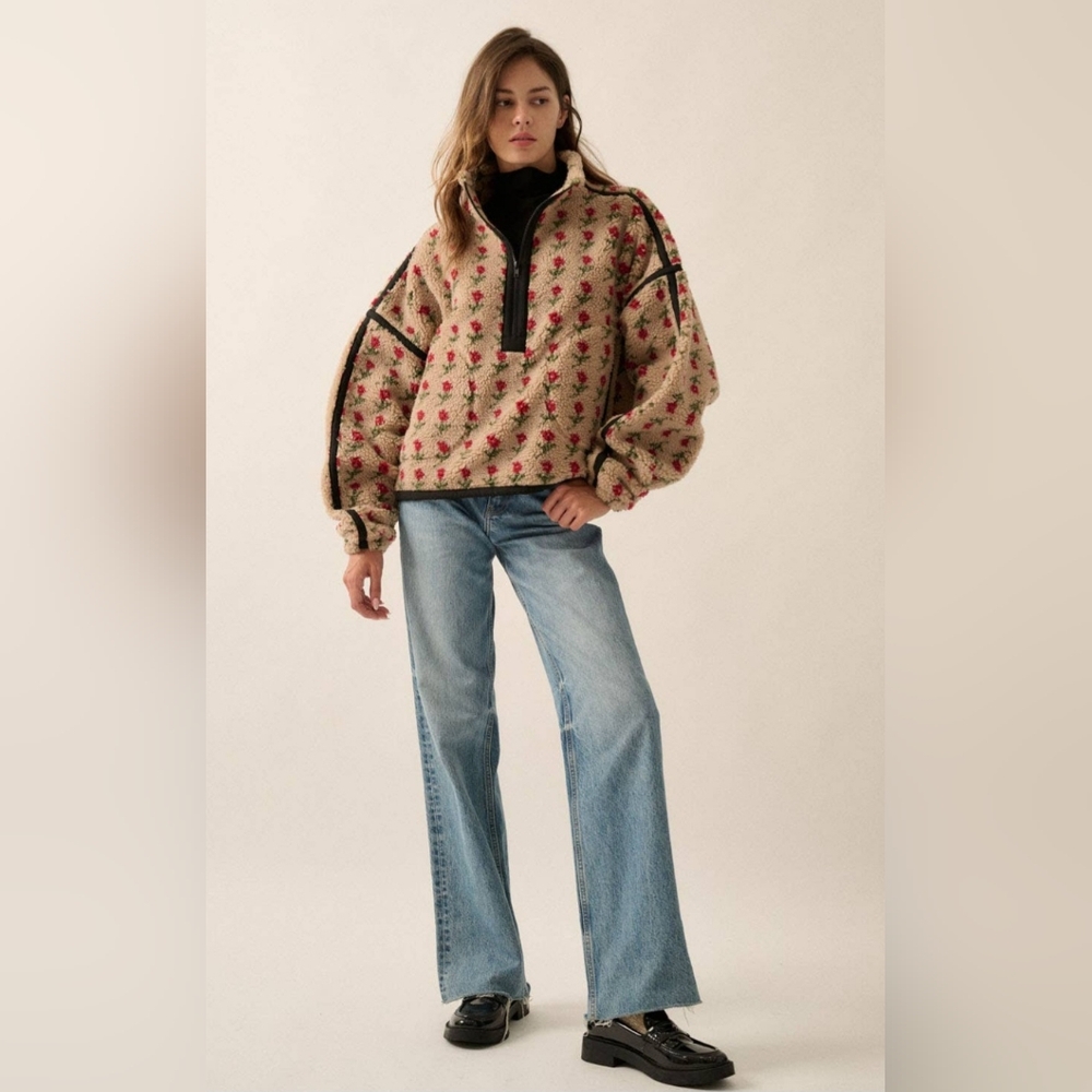 Promesa Floral Print Fleece Half Zip Pullover Jacket - Picture 5 of 10